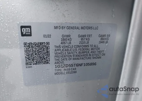 2022 Chevrolet Malibu Fwd Lt z USA, uszkodzony, nr VIN 1G1ZD5ST6NF105896